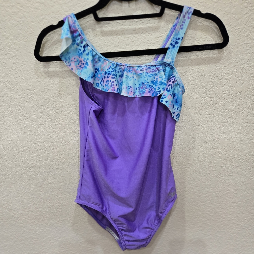 Speedo Youth XL Purple and Blue One Piece Swimsuit with Ruffle Trim
